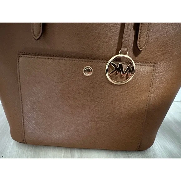 Michael Kors Brown Leather Tote Bag Gold‎ Tone MK Logo - Picture 3 of 11